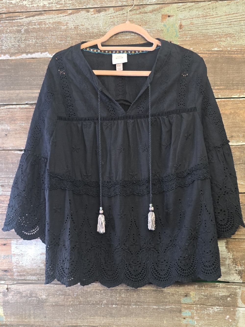 Knox Rose Black Eyelet Tassel Peasant Blouse